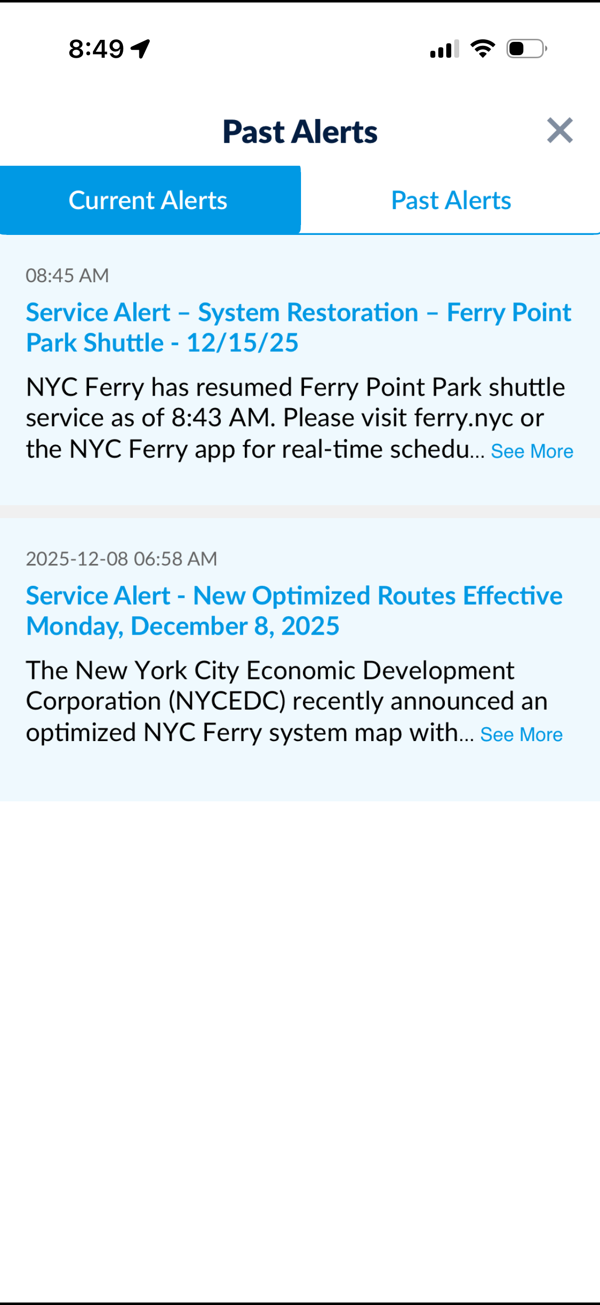 NYC-ferry view service alerts