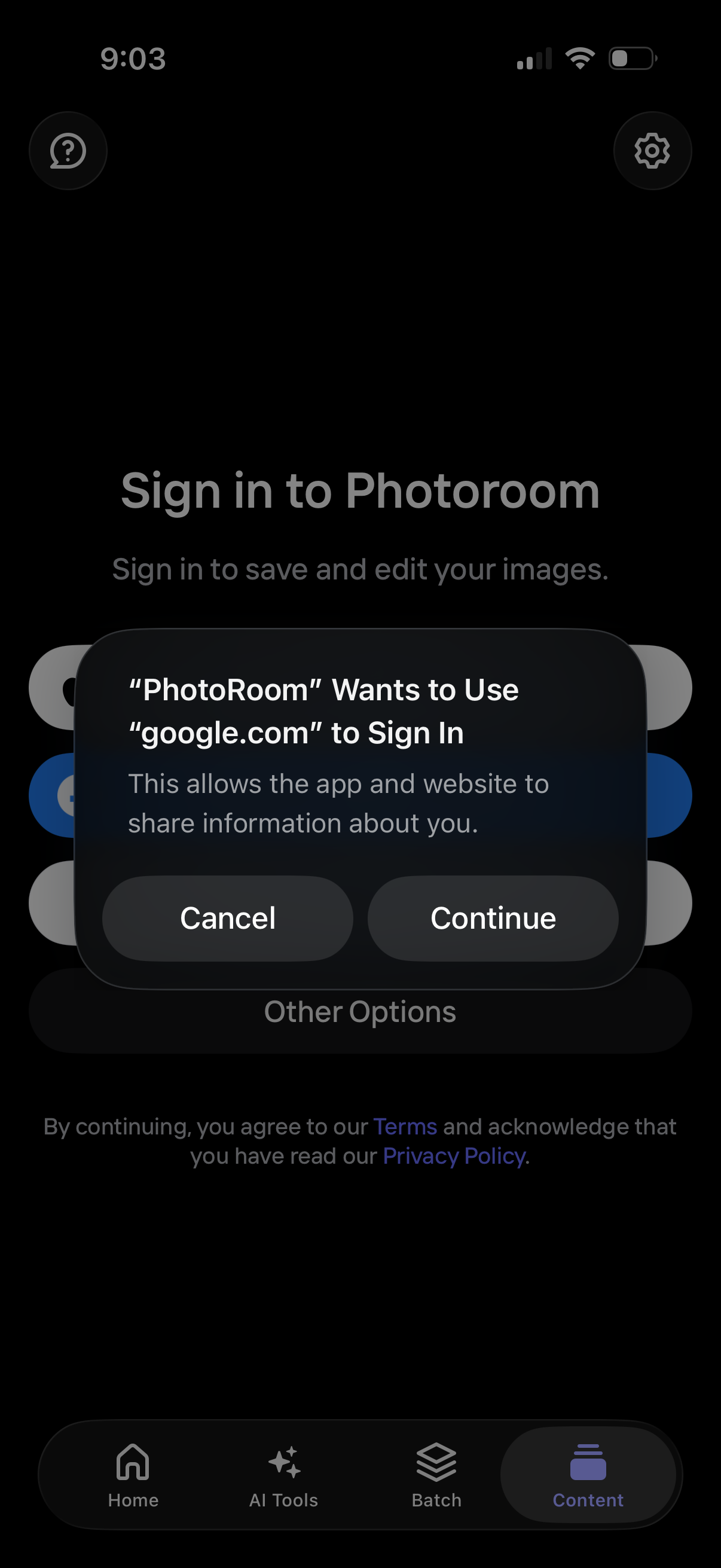 photoroom sign in with google