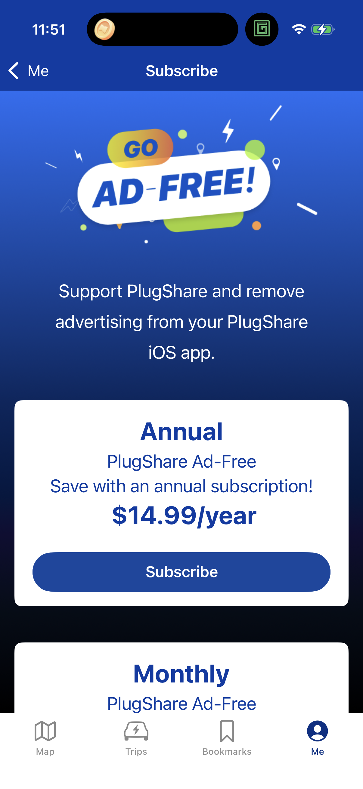 Step 1 of plugshare Paywall