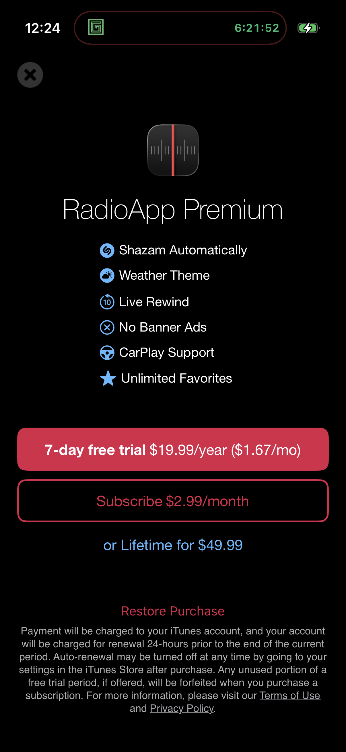 Step 1 of radioapp Paywall