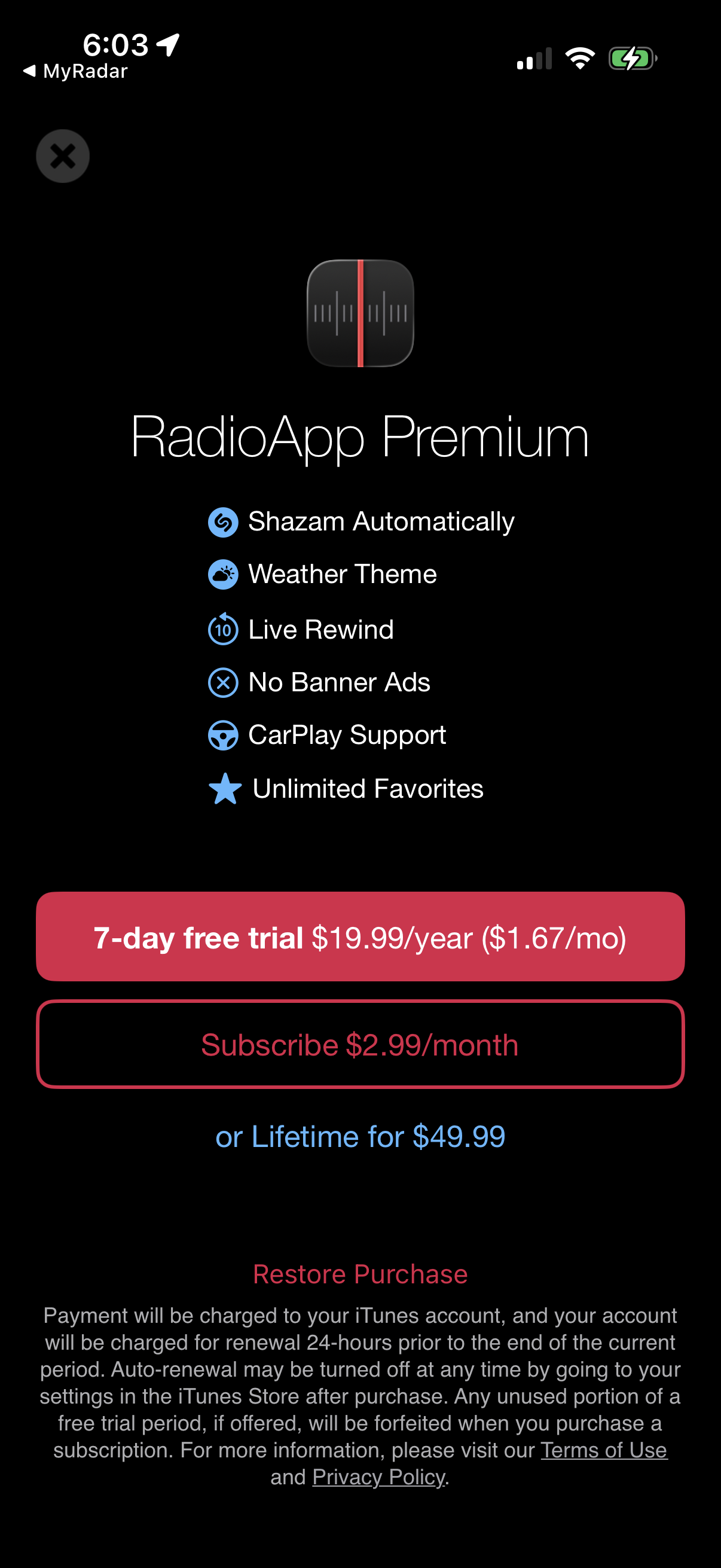 Step 1 of Radioapp Locked Feature Paywall