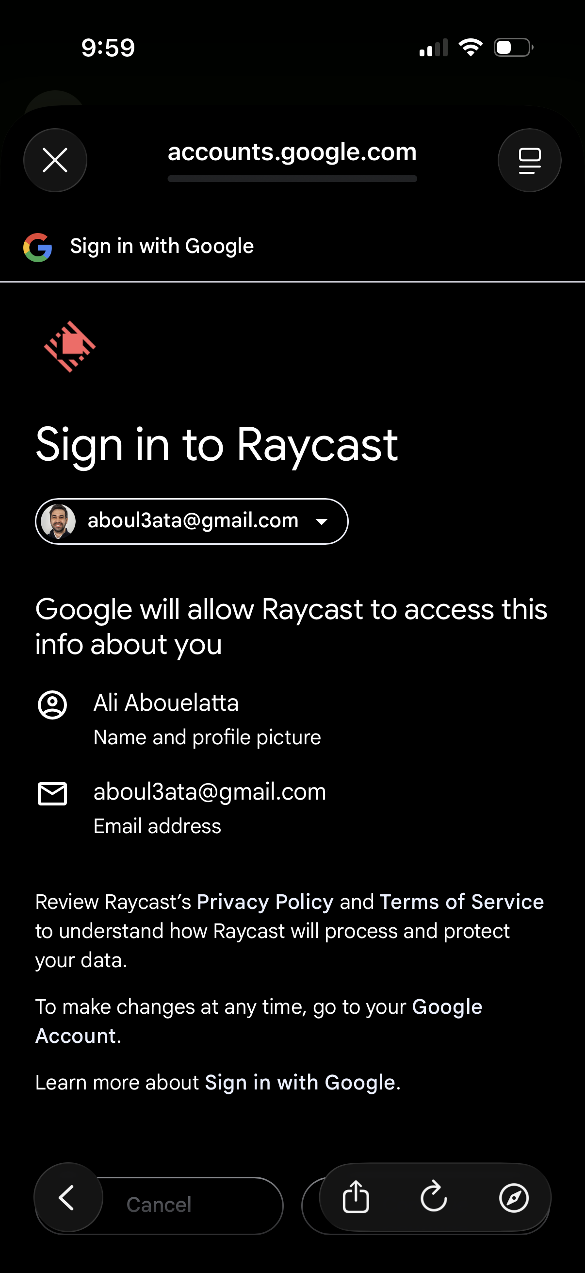 Step 4 of raycast Log in with google
