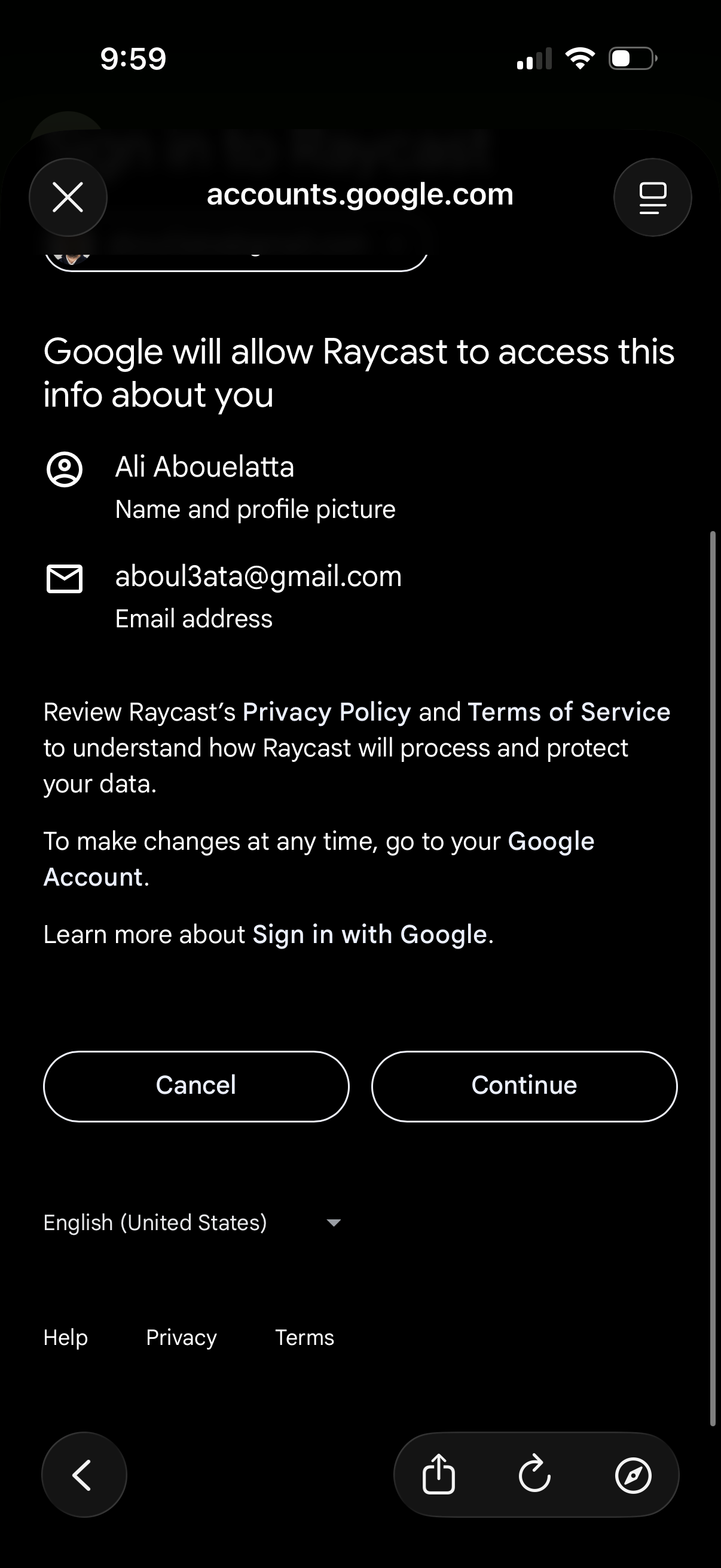 Step 5 of raycast Log in with google