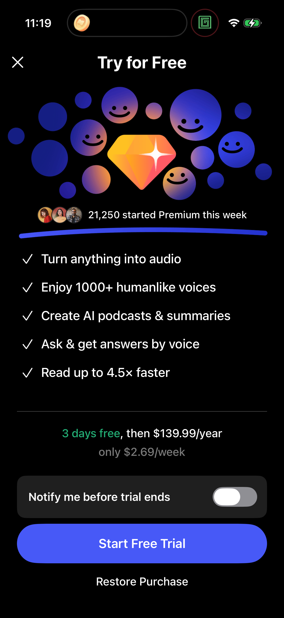 Step 1 of speechify Paywall