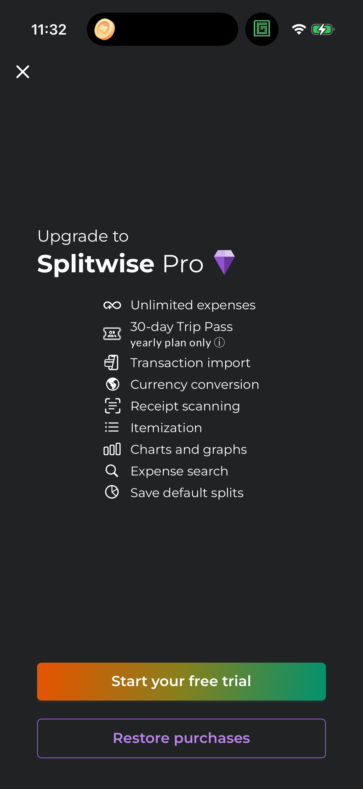 Step 1 of splitwise Paywall