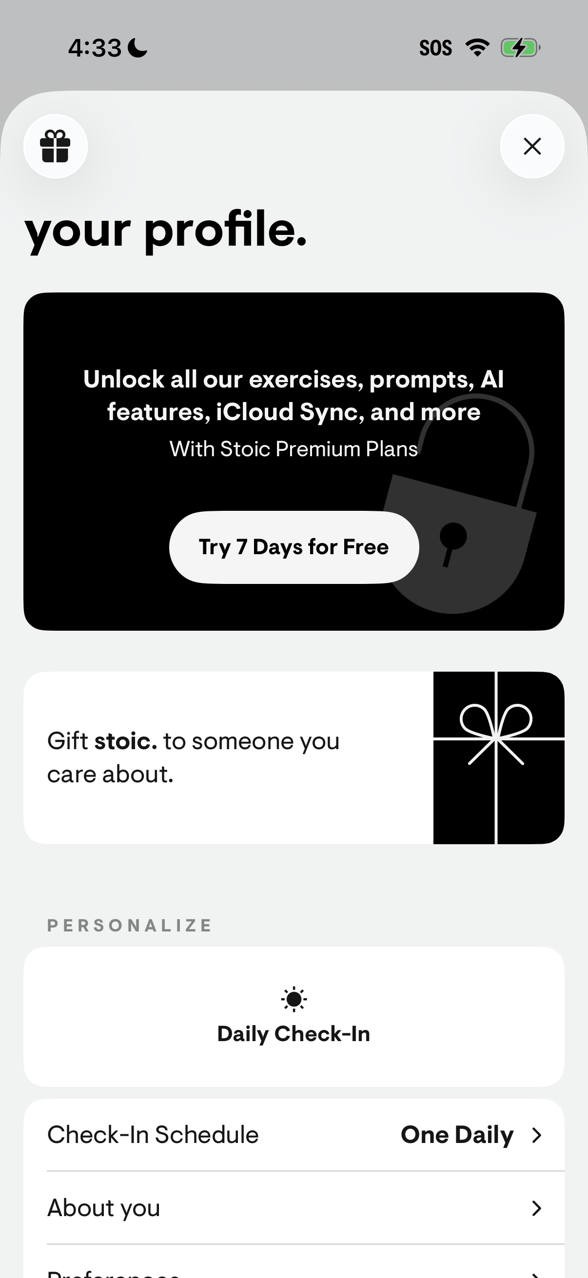 Step 1 of Stoic Settings Paywall