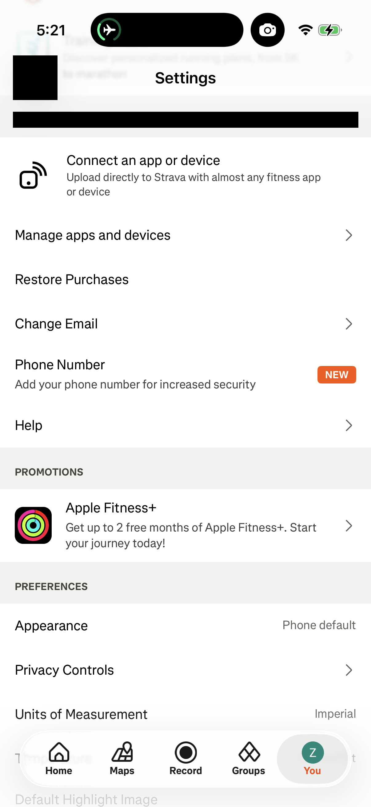 Step 1 of Strava Settings Paywall