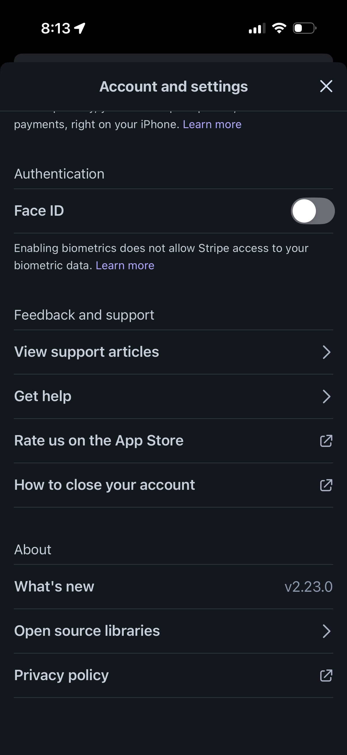 stripe-dashboard Enable Face ID