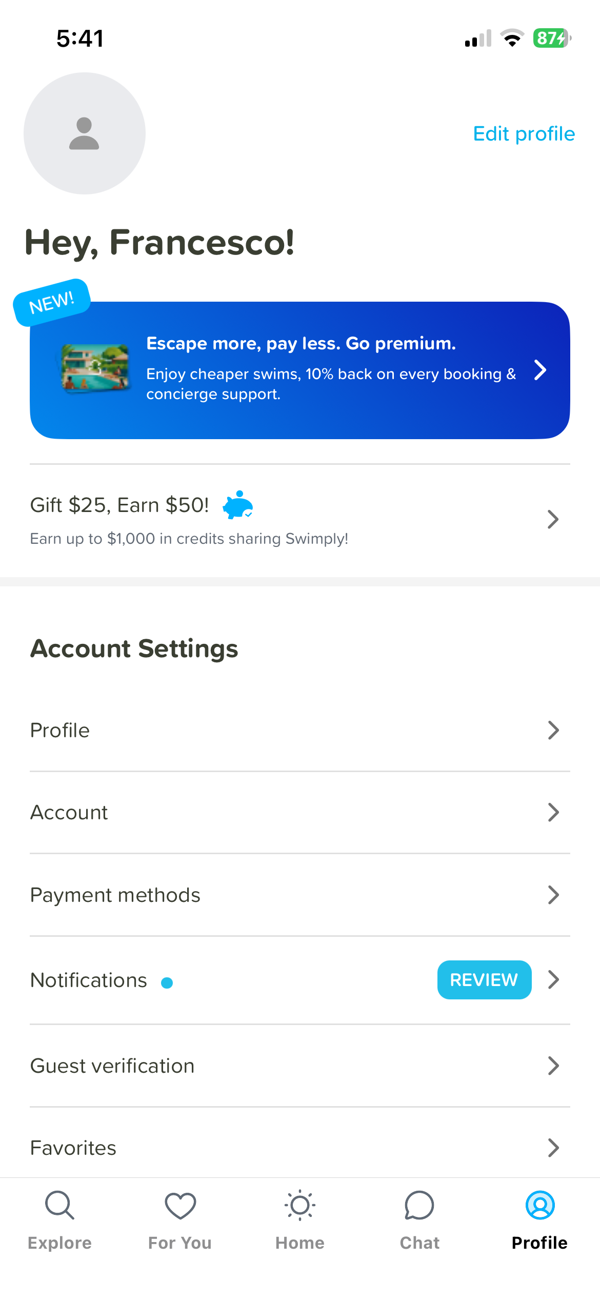 Step 1 of Swimply Settings Paywall