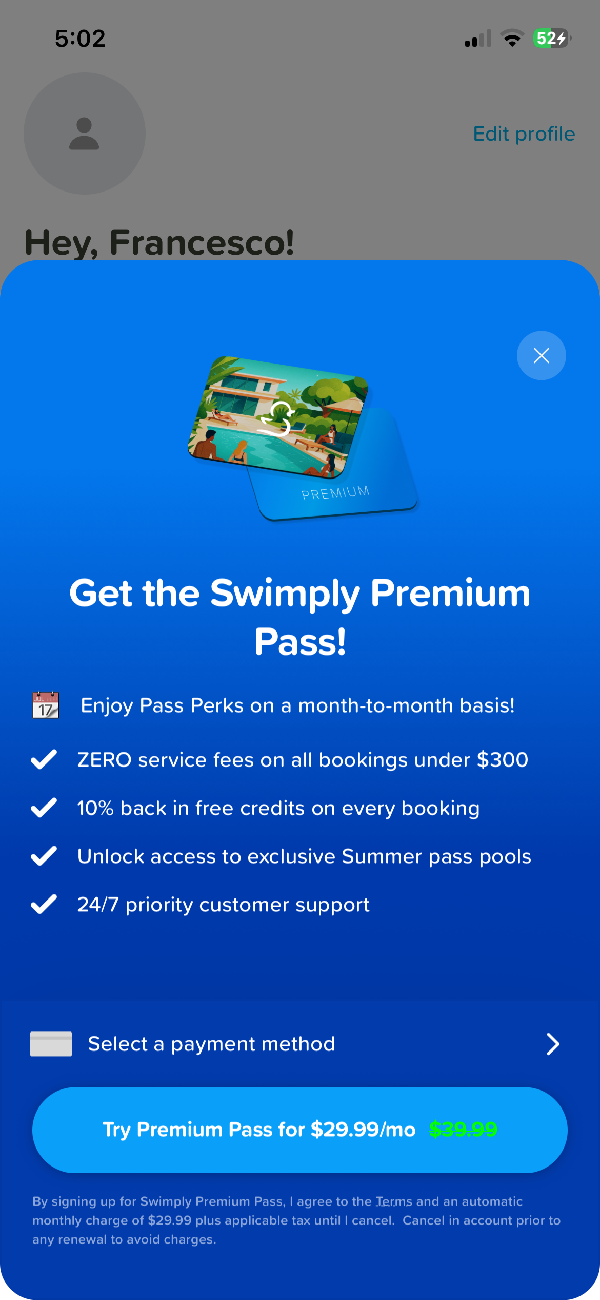 Step 2 of Swimply Settings Paywall