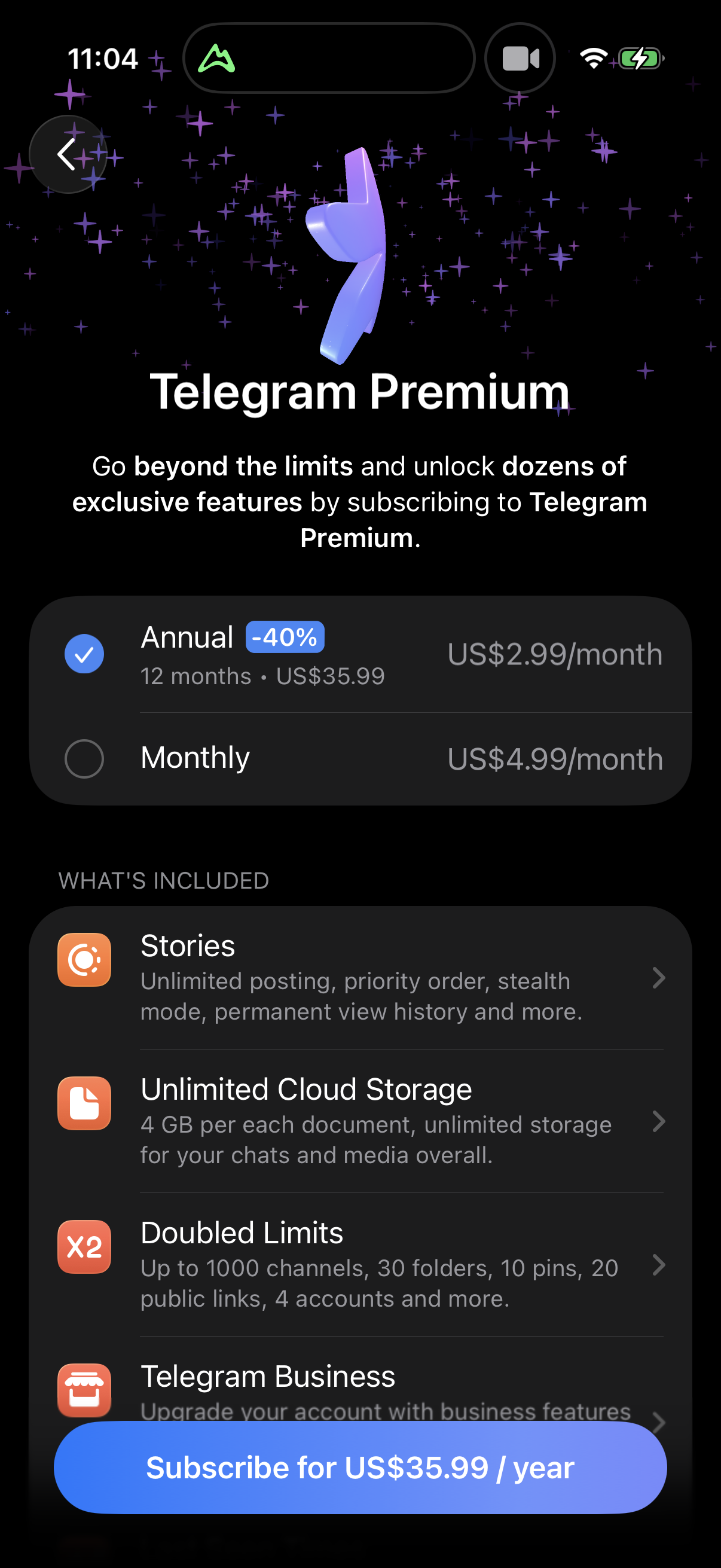 Step 1 of telegram Paywall