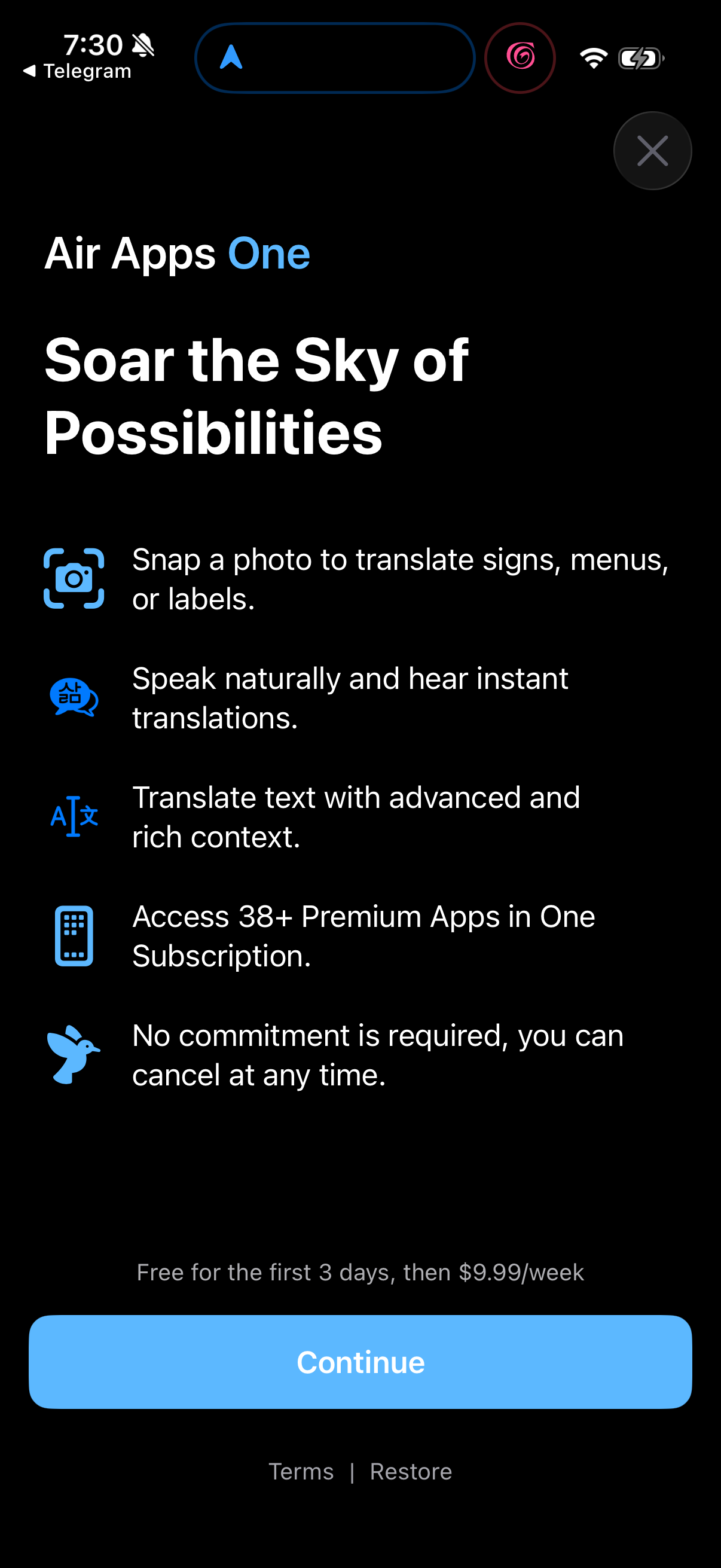 Step 1 of Translate Now Locked Feature Paywall
