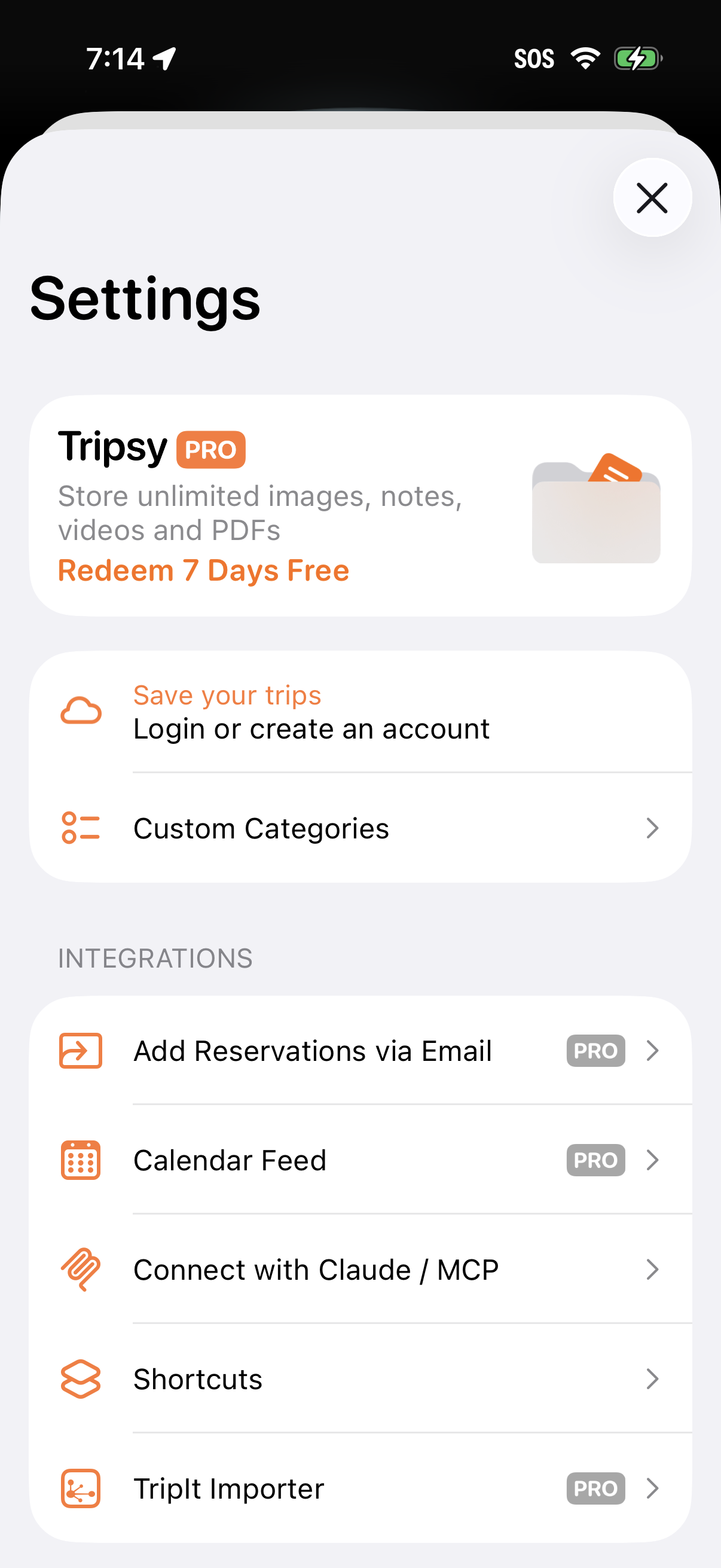 Step 1 of Tripsy Settings Paywall
