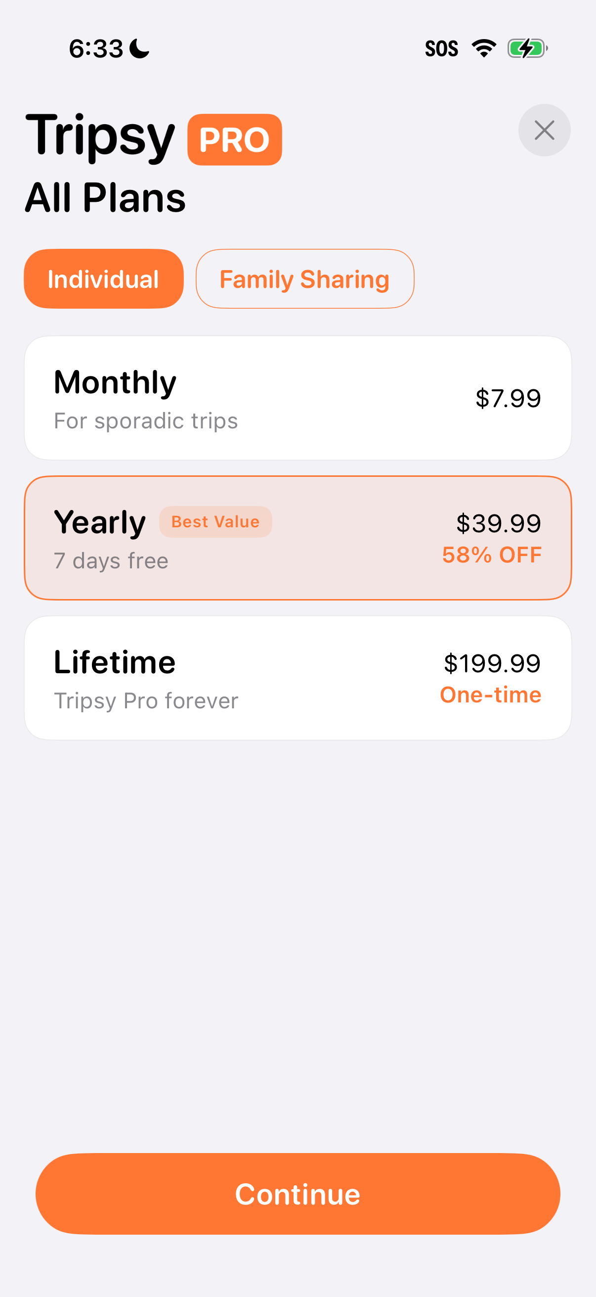 Step 1 of Tripsy Individual Lifetime Purchase