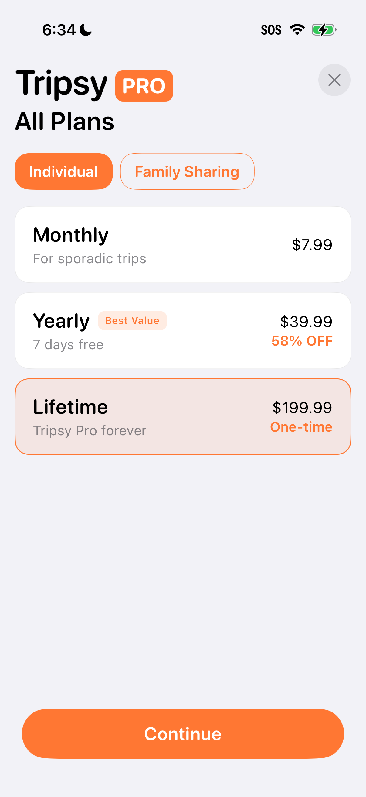Step 2 of Tripsy Individual Lifetime Purchase