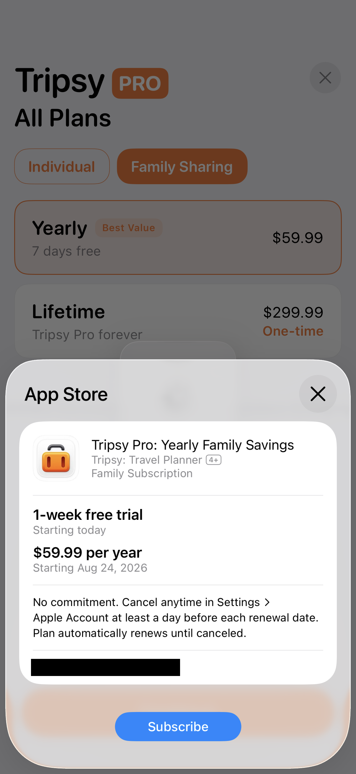 Step 3 of Tripsy Family Sharing Purchase