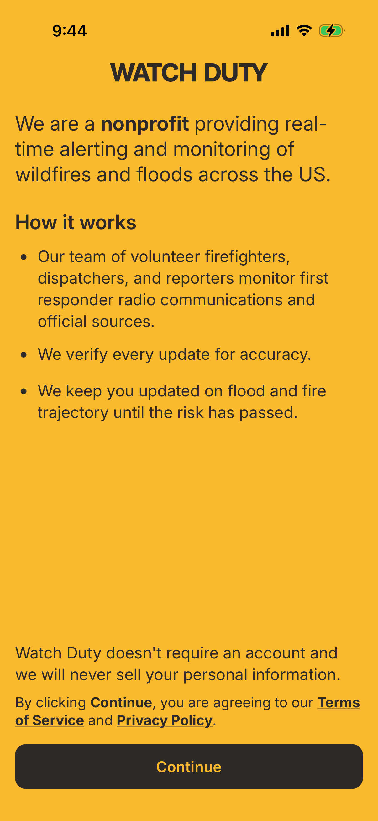Step 1 of Watch Duty Onboarding