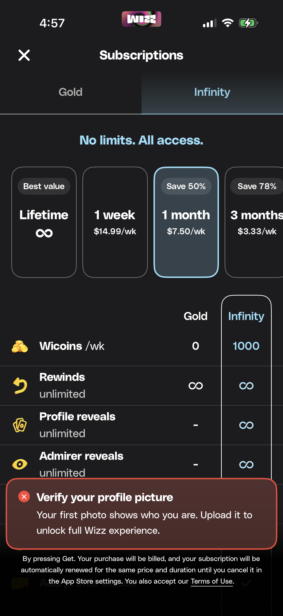 Step 1 of wizz Paywall