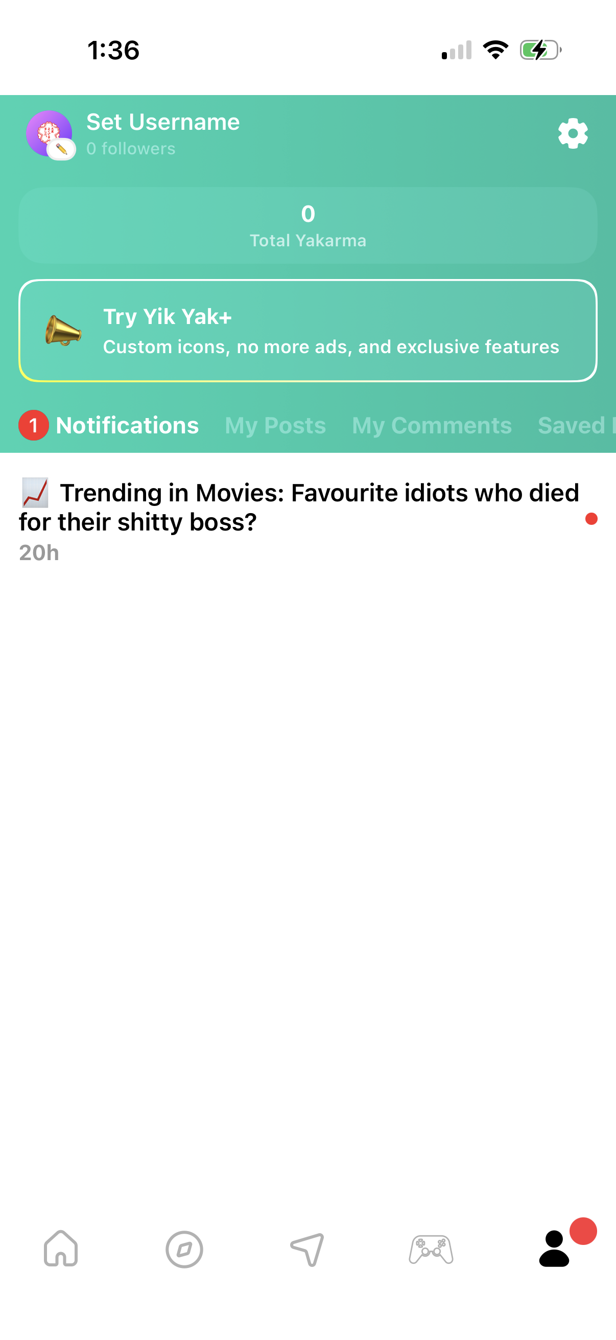 Step 1 of Yik Yak Settings Paywall