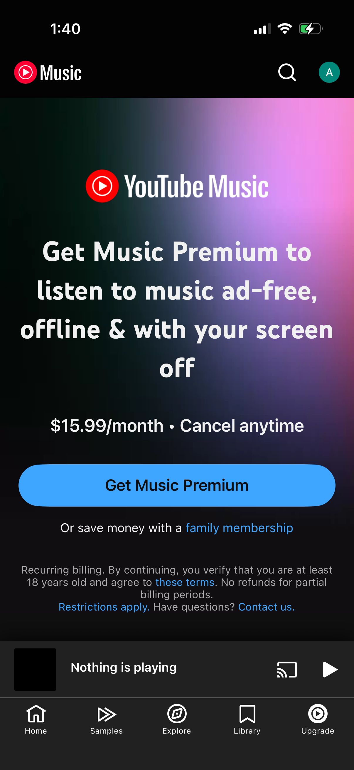 Step 1 of youtube-music Paywall