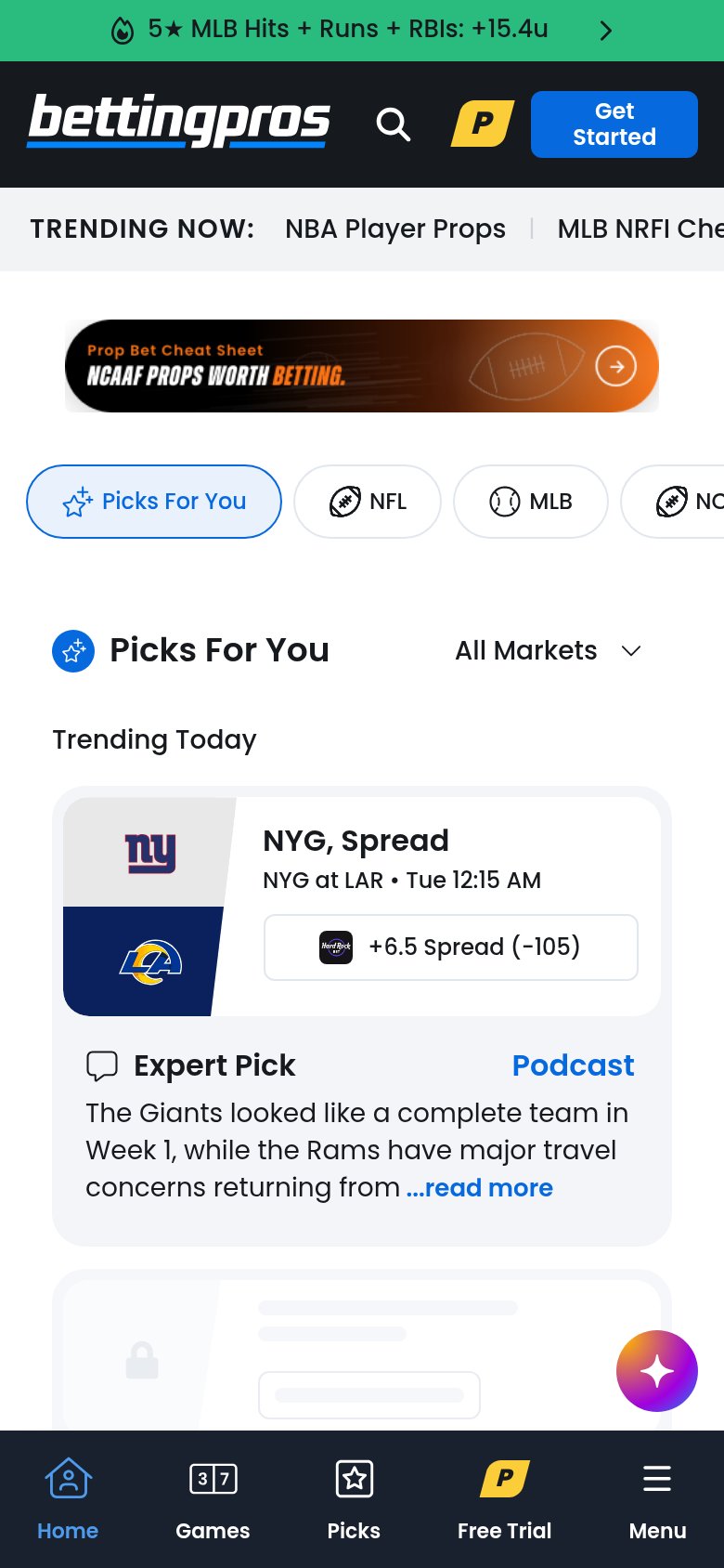 BettingPros mobile capture for Mobile web