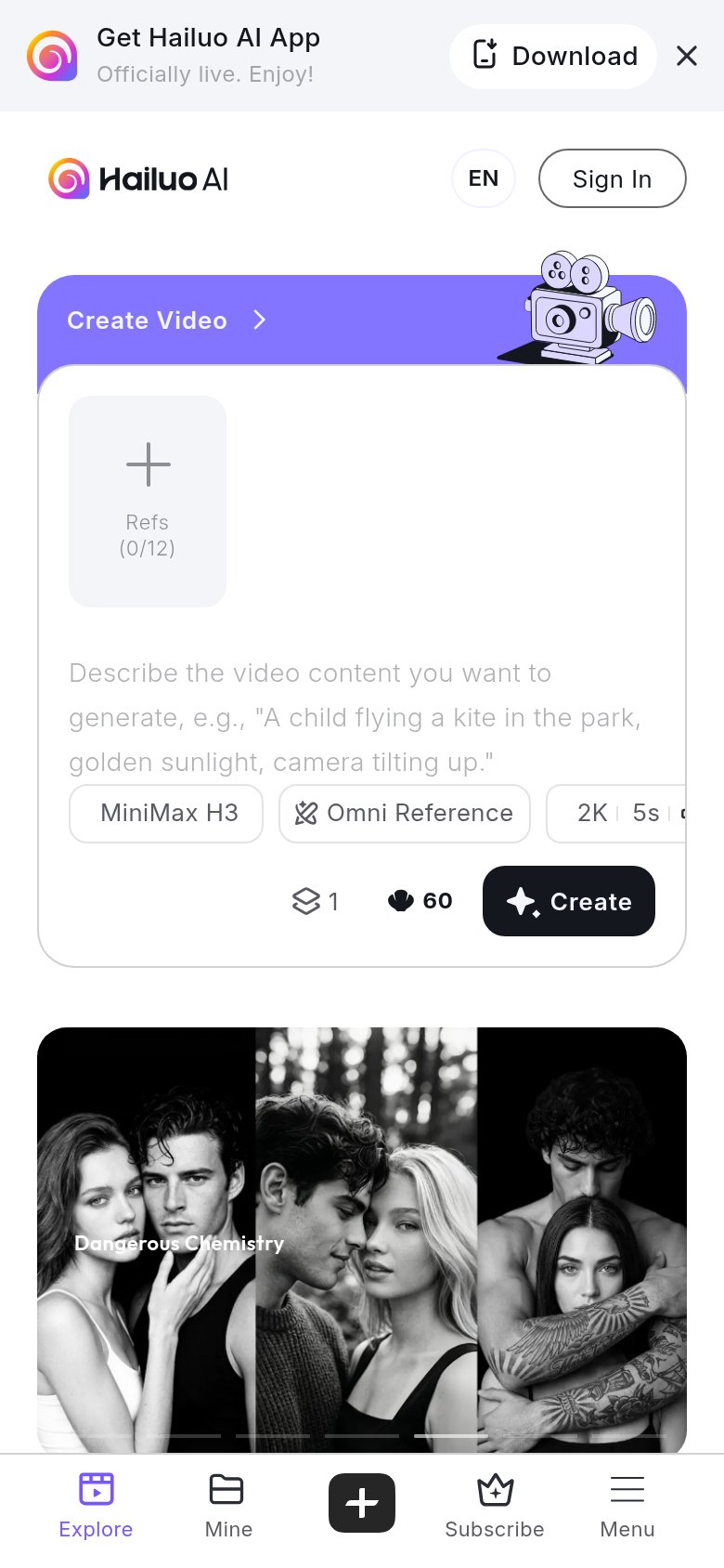 Hailuo AI (MiniMax) mobile capture for Mobile web