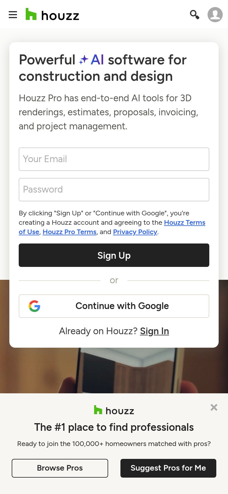 Houzz Pro mobile capture for Mobile web
