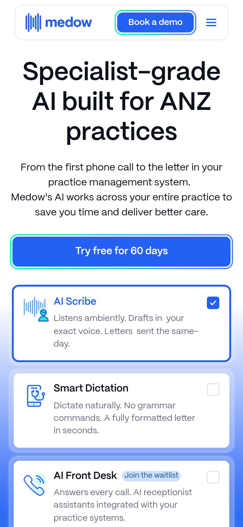 Medow Health AI mobile capture for Mobile web
