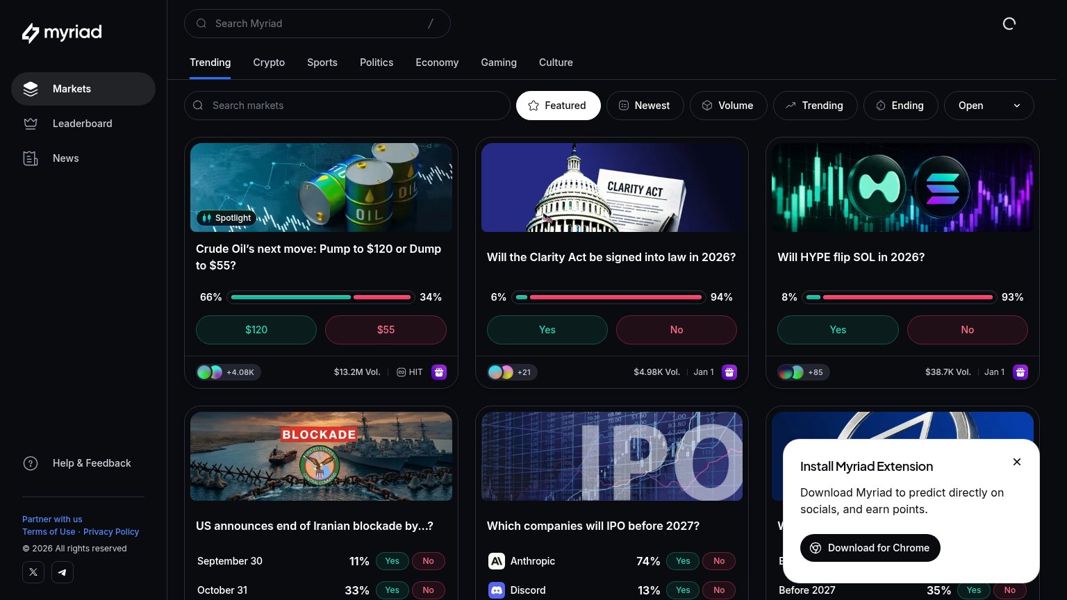 Myriad Markets desktop capture for Trust
