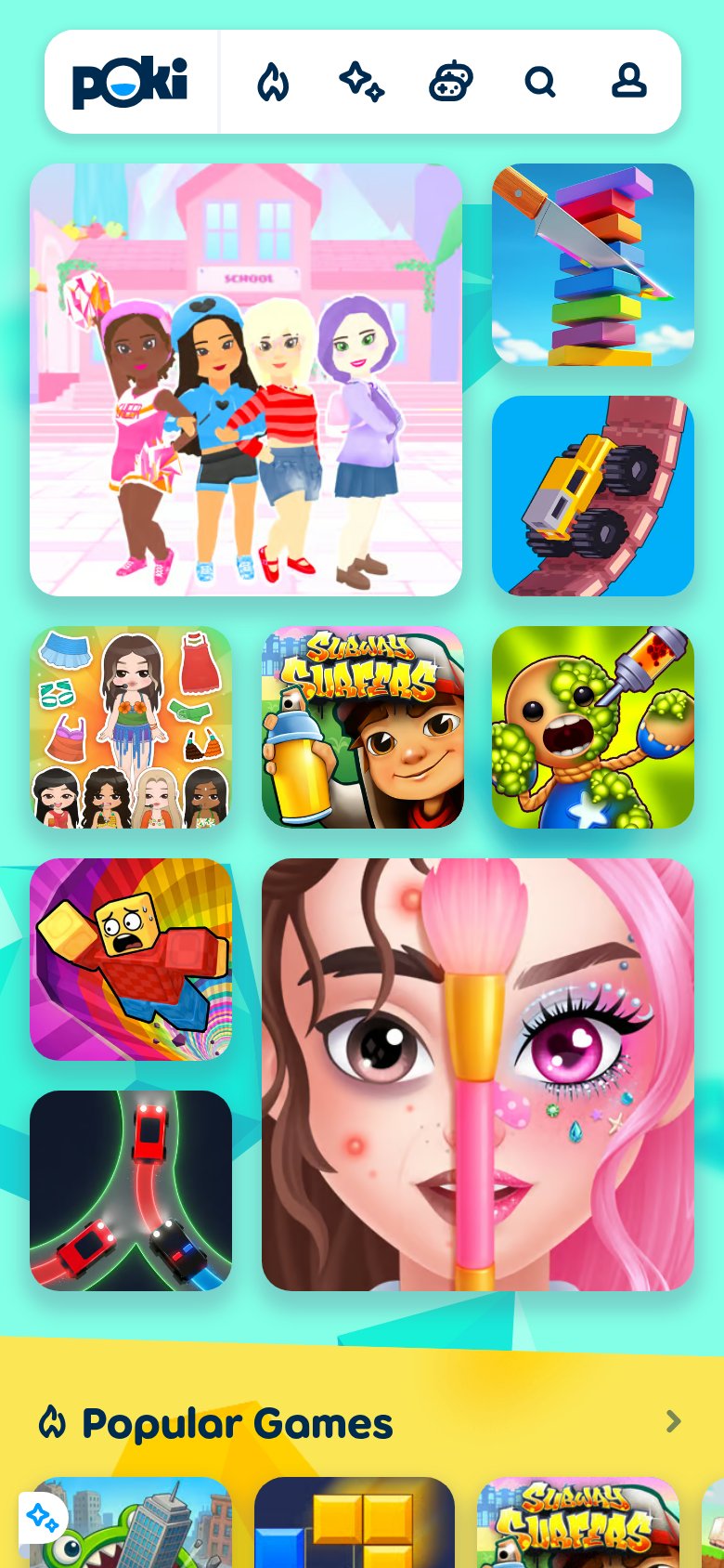 Poki (with playful web games hub) mobile capture for Mobile web